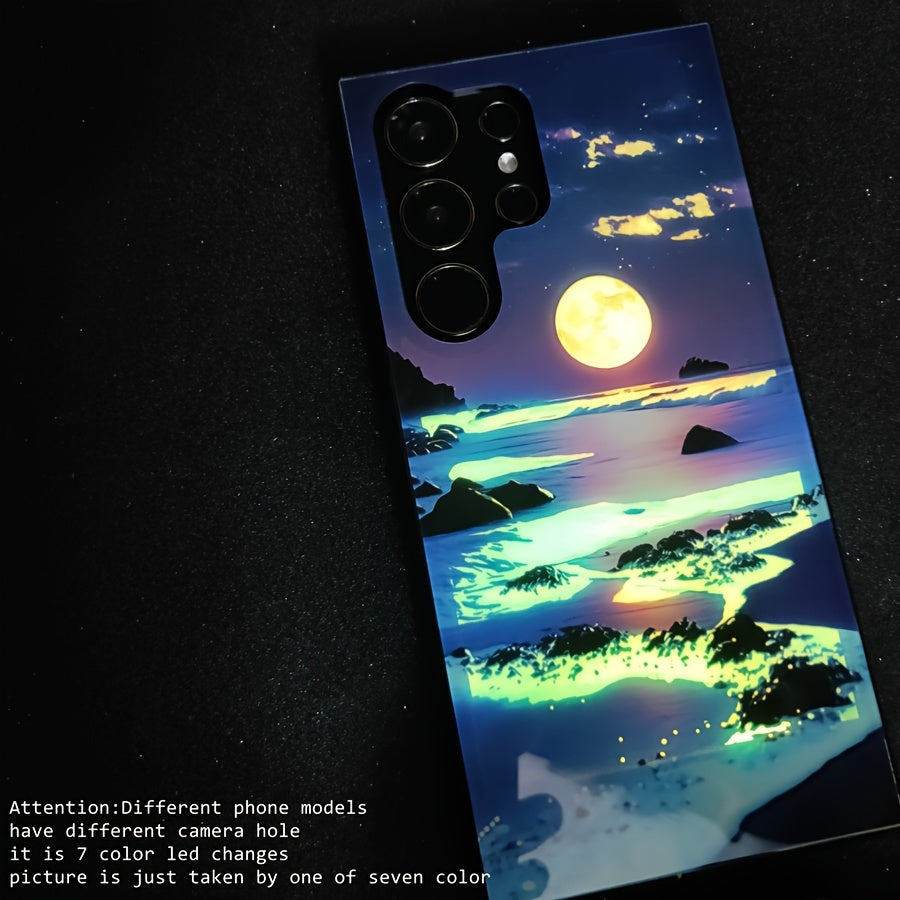 Glowing Meteor Sunset Beach Smart Voice-Controlled Luminous Phone Case Compatible with Samsung S24 Ultra/S23 Ultra/S23 FE/S21 FE/S22 Ultra/S21 Ultra/Iphone 15 14 Plus 13 12 11 Pro Max, Featuring Night Glow Technology And an E